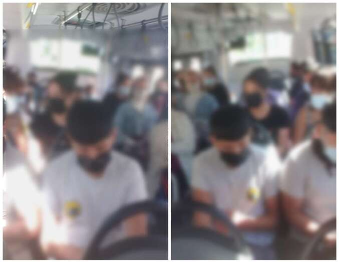 Usuarios aglomerados en el interior de la línea Telde-La Garita/TA.